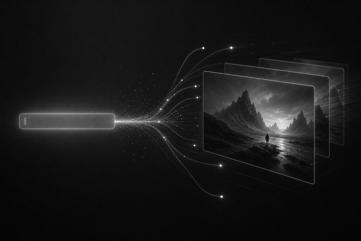 Monochrome prompt input transforming into video scene frames