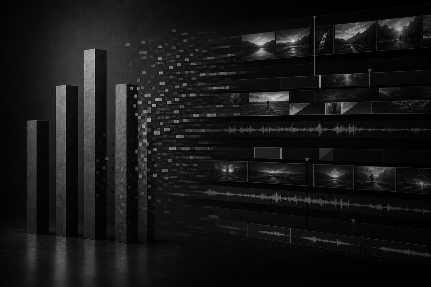 Abstract monochrome comparison of AI video tools and creative layers