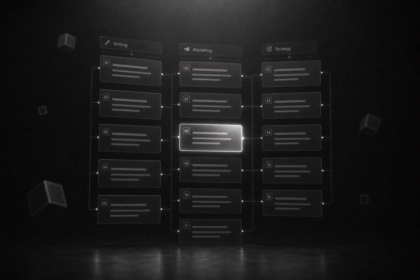 Monochrome prompt library with writing, marketing, and strategy columns
