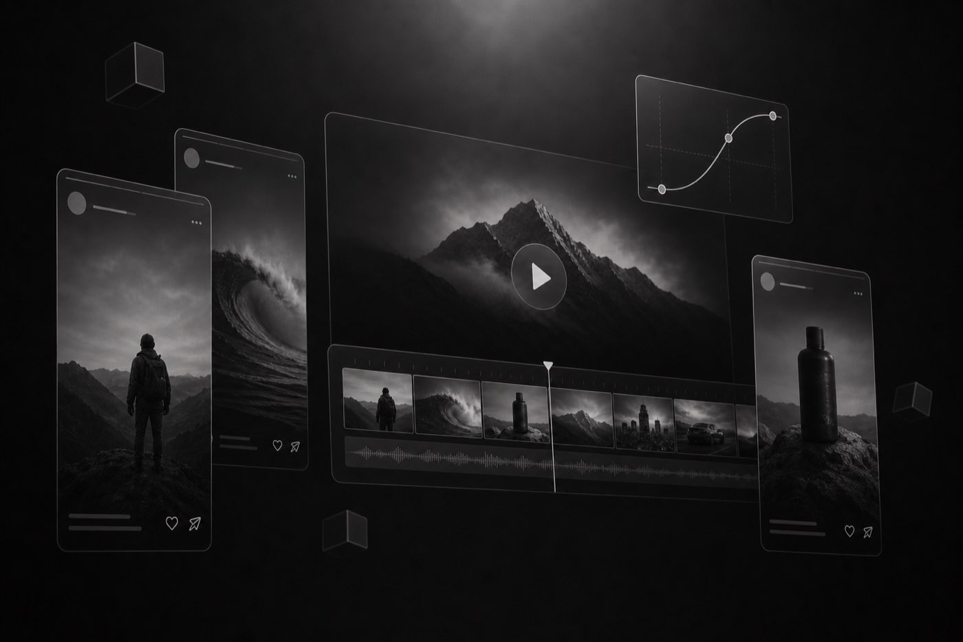 Creator-style vertical ad frames beside product cutaways on a timeline