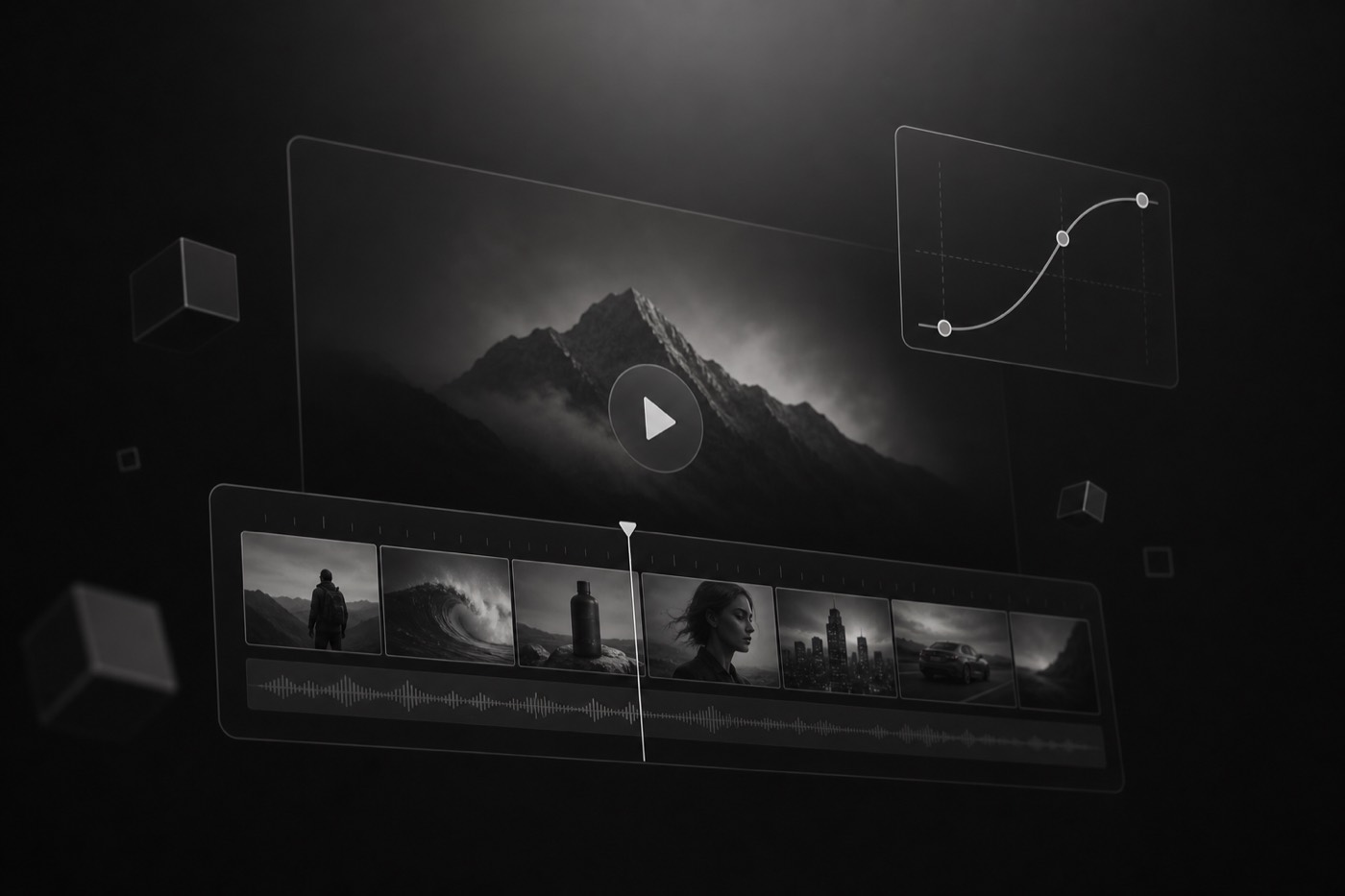 Abstract monochrome video editing timeline with scene thumbnails